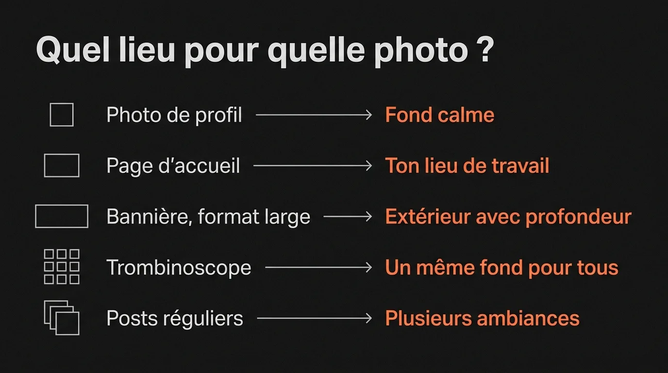 Quel lieu pour quelle photo : photo de profil sur fond calme, page d’accueil sur ton lieu de travail, bannière en extérieur avec profondeur, trombinoscope sur un même fond, posts réguliers avec plusieurs ambiances