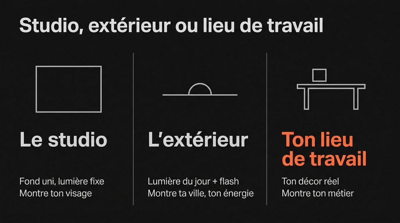 Infographie des trois options pour un portrait pro : le studio montre ton visage sur un fond uni en lumière fixe, l’extérieur montre ta ville en lumière du jour avec flash, ton lieu de travail montre ton métier dans ton décor réel